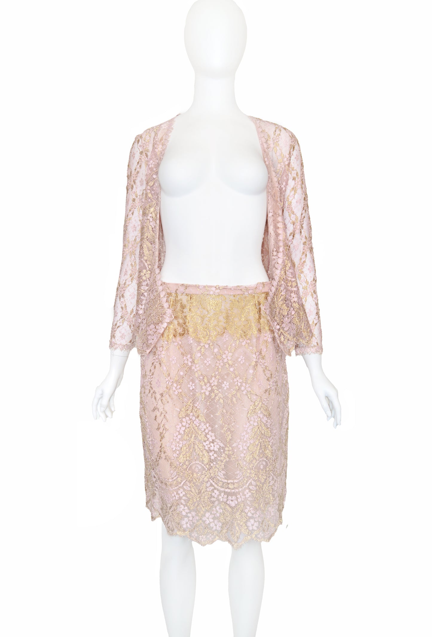 Valentino Boutique SS 1997 Metallic Lace Skirt Set, Pink