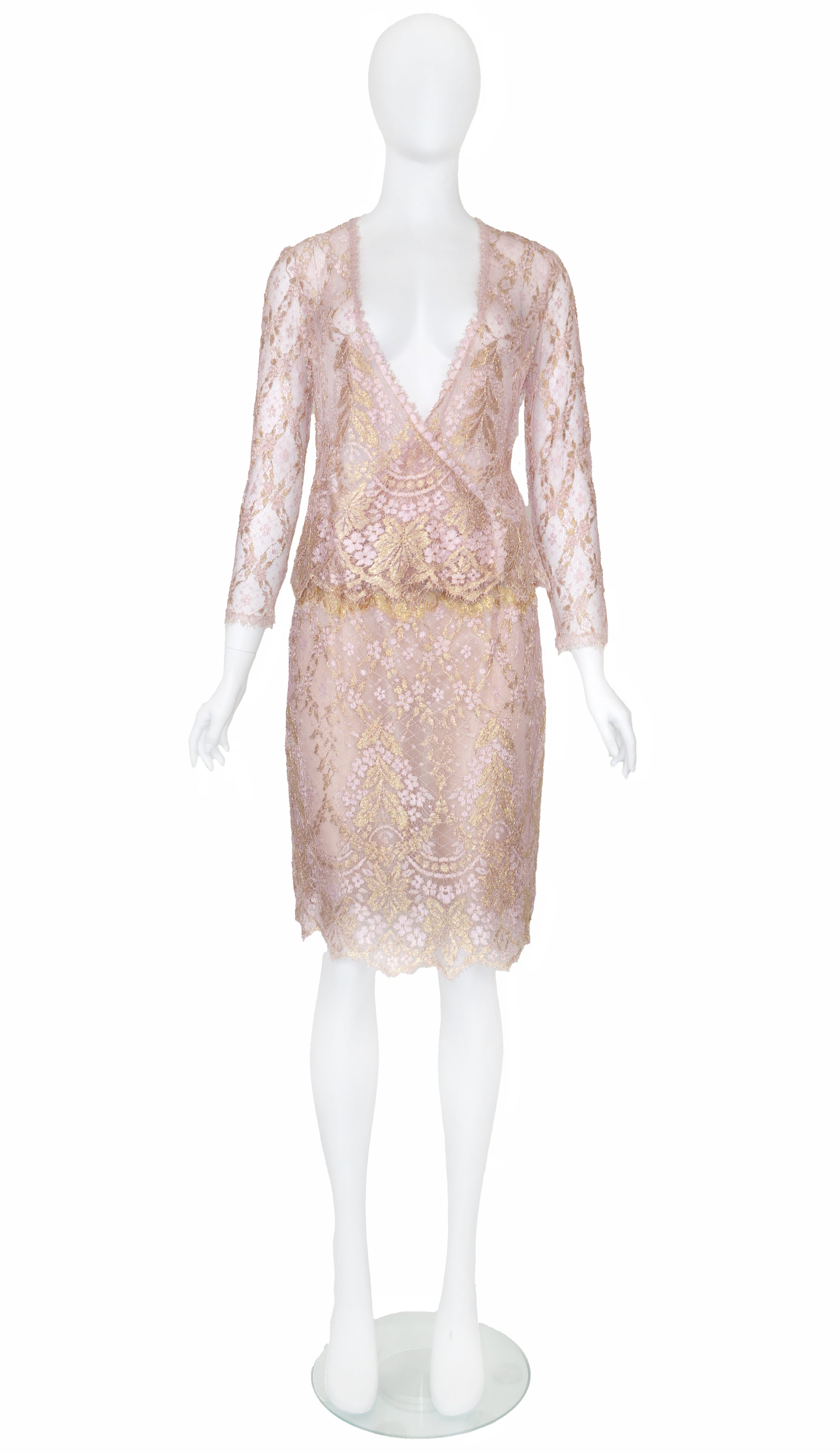 Valentino Boutique SS 1997 Metallic Lace Skirt Set, Pink