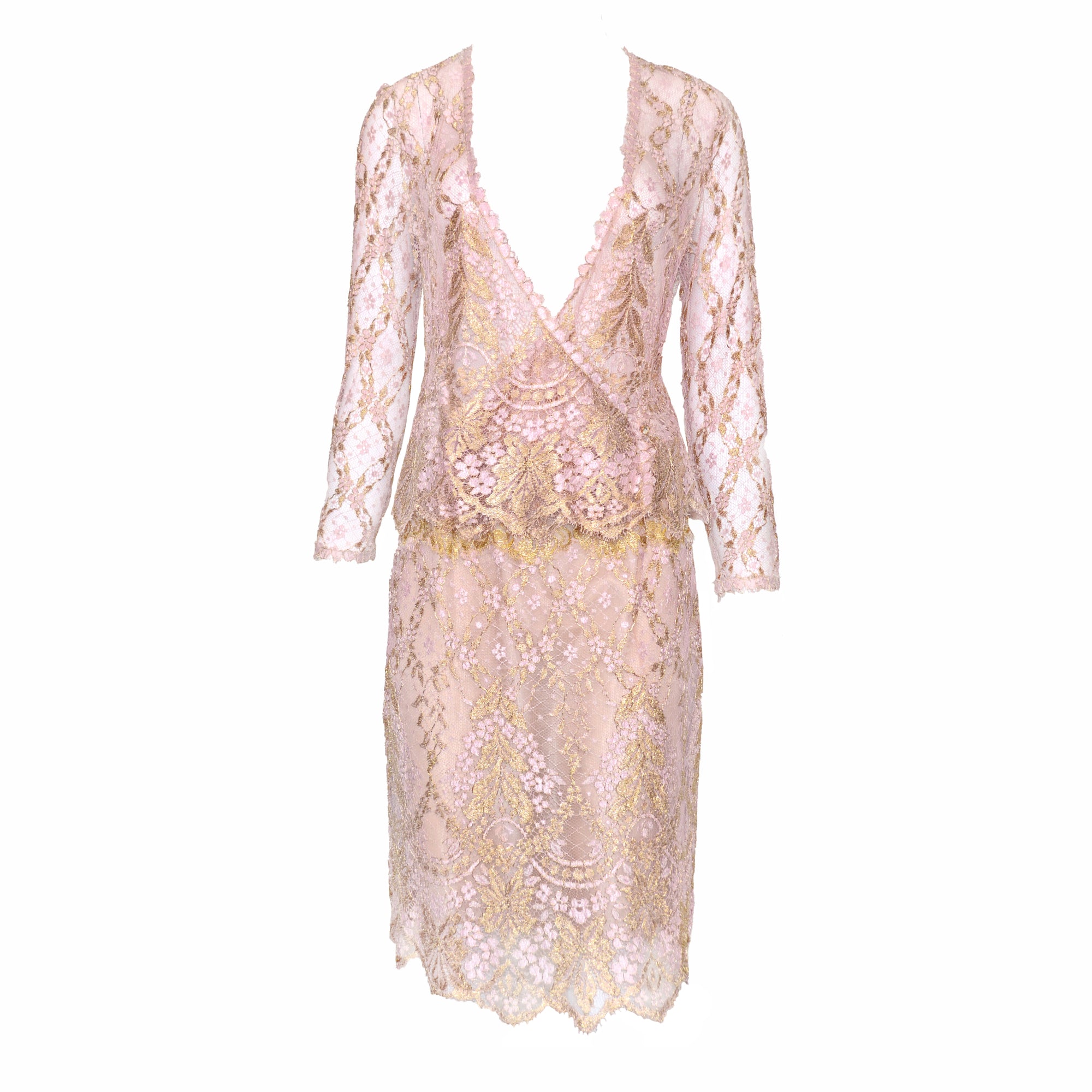 Valentino Boutique SS 1997 Metallic Lace Skirt Set, Pink