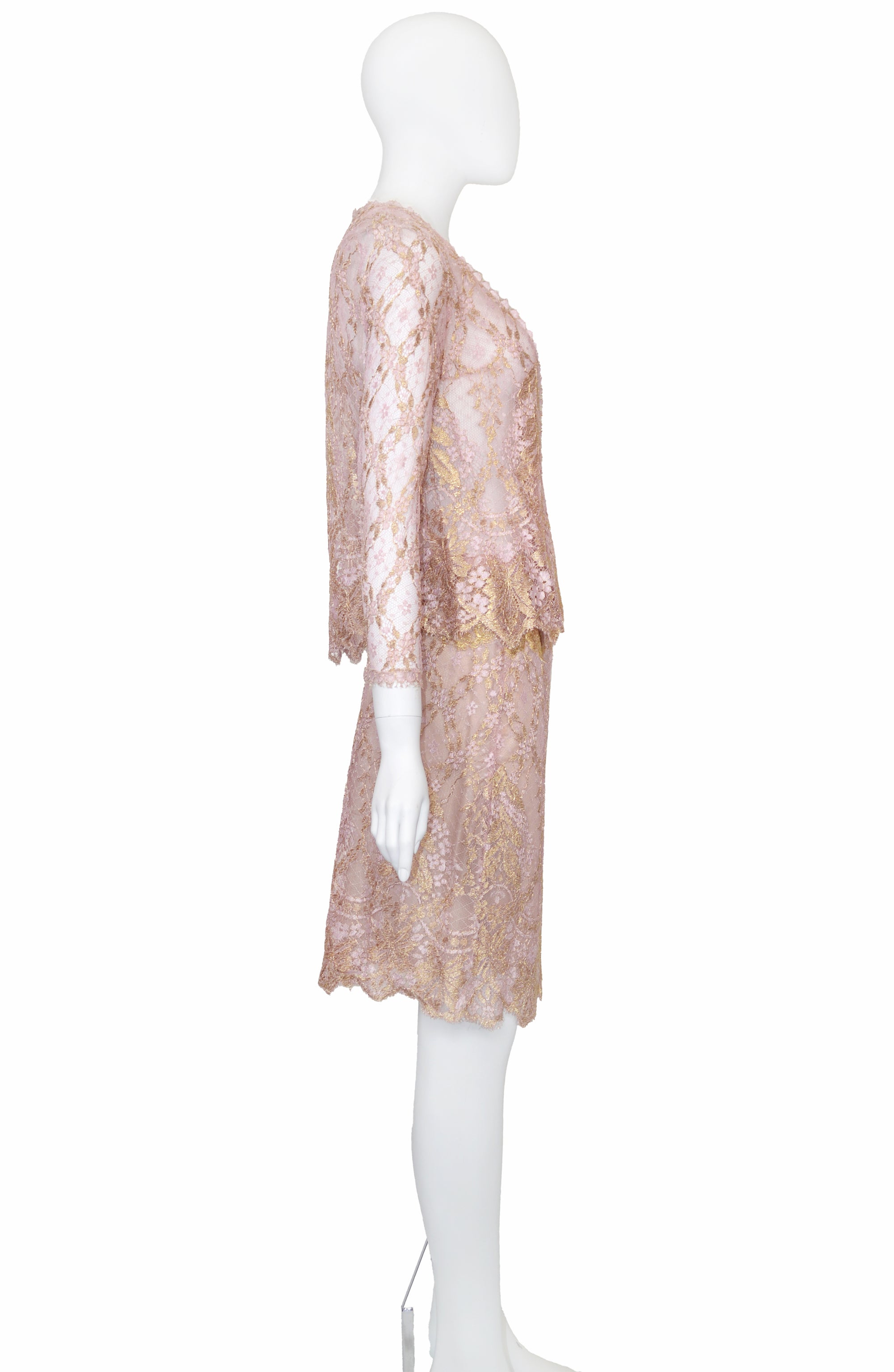 Valentino Boutique SS 1997 Metallic Lace Skirt Set, Pink