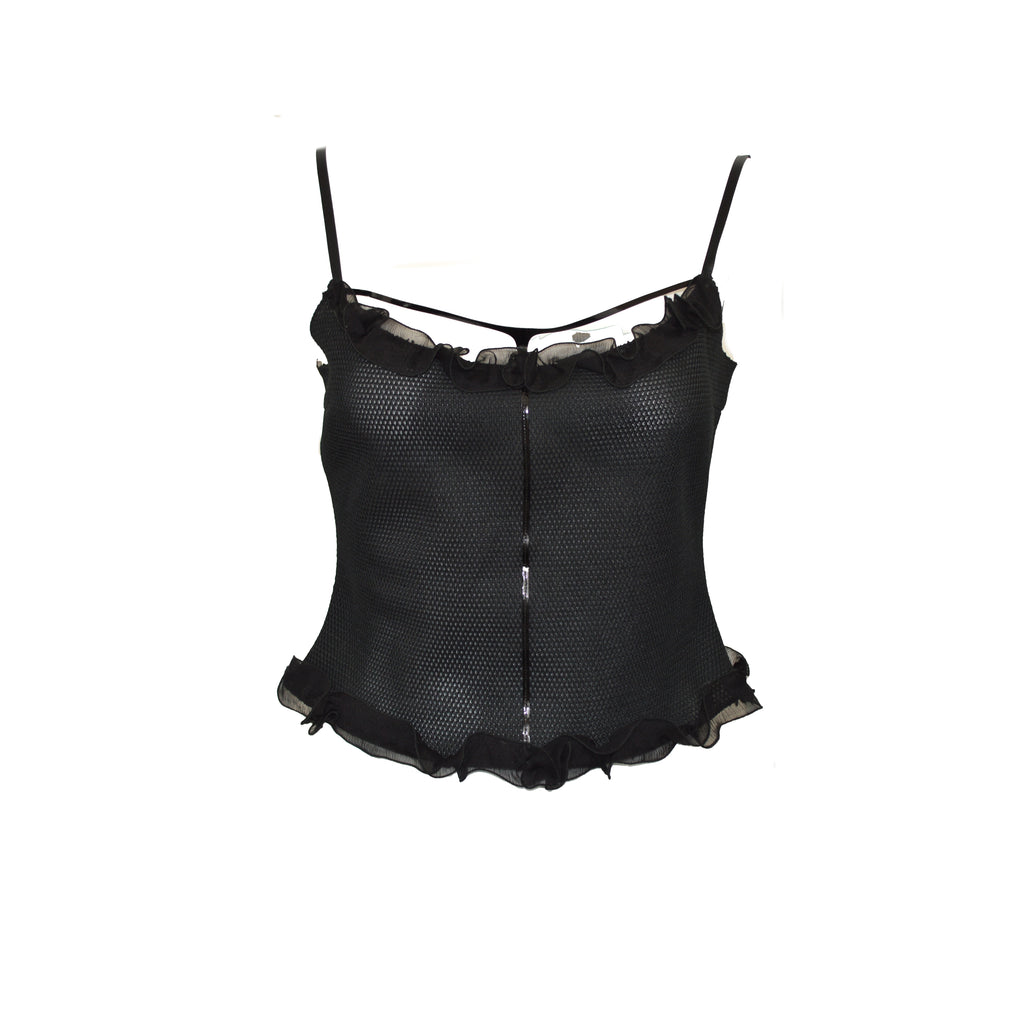 PRADA 1999 patent leather embellished mesh tank