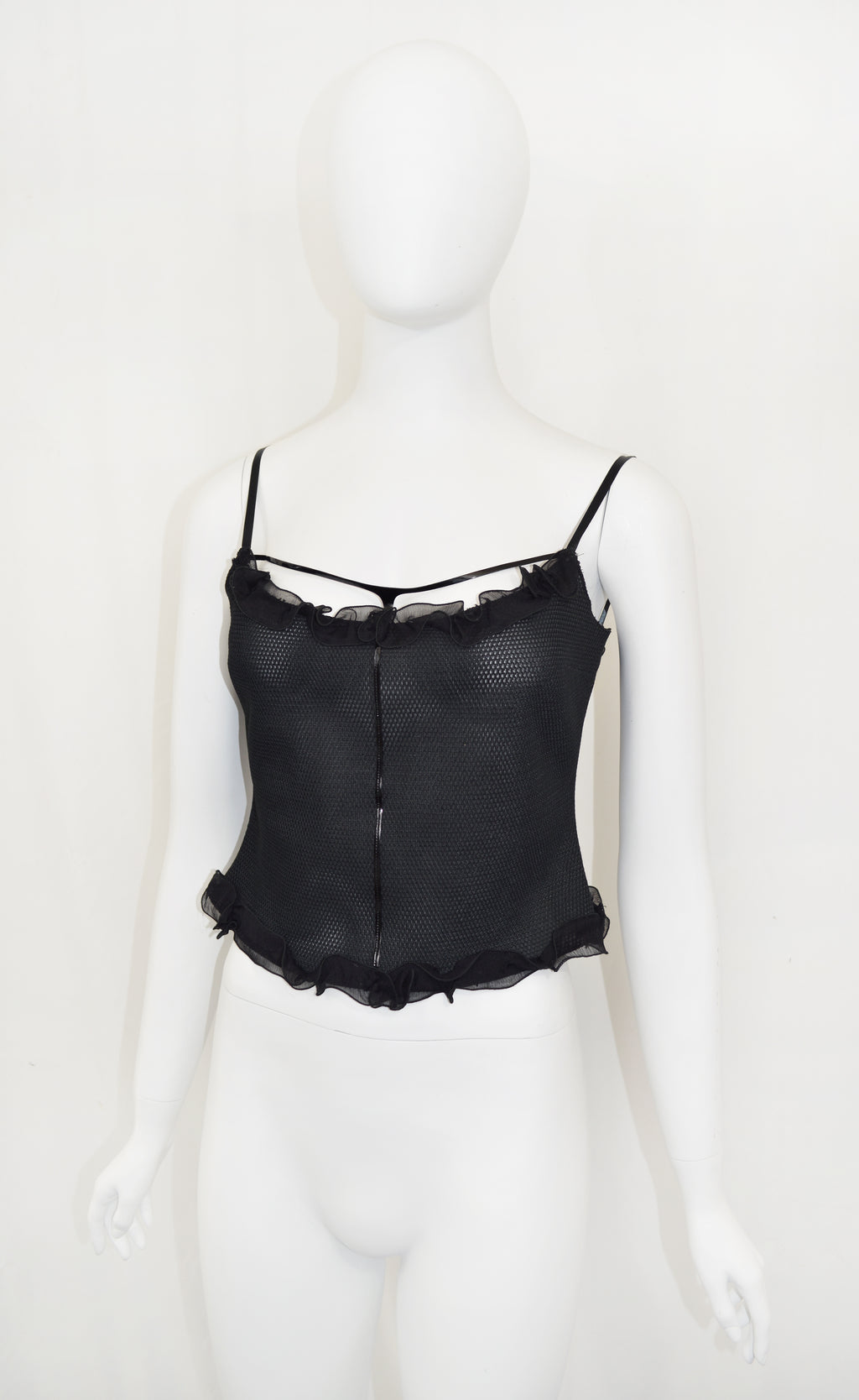 PRADA 1999 patent leather embellished mesh tank