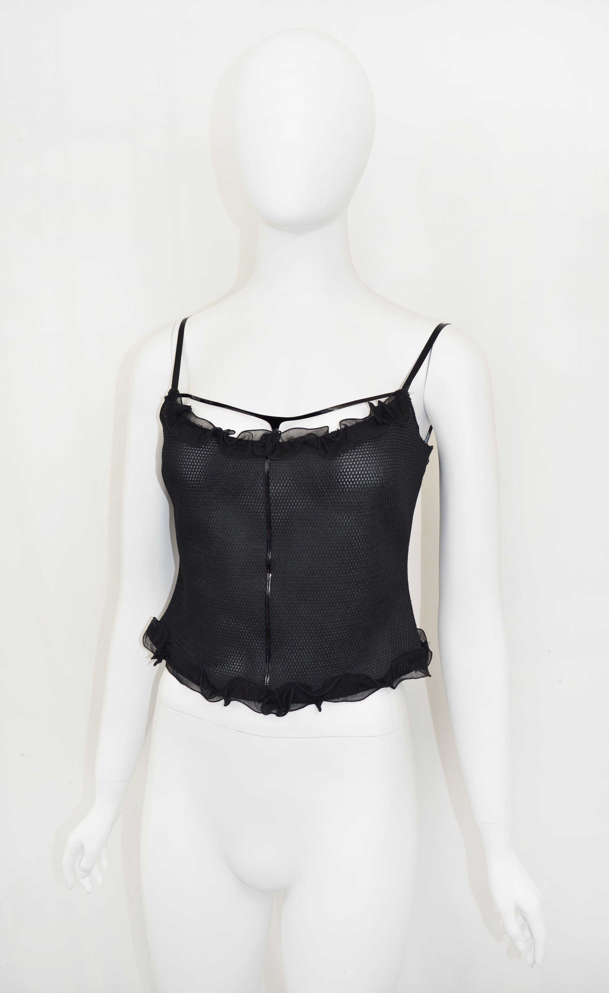 PRADA 1999 patent leather embellished mesh tank