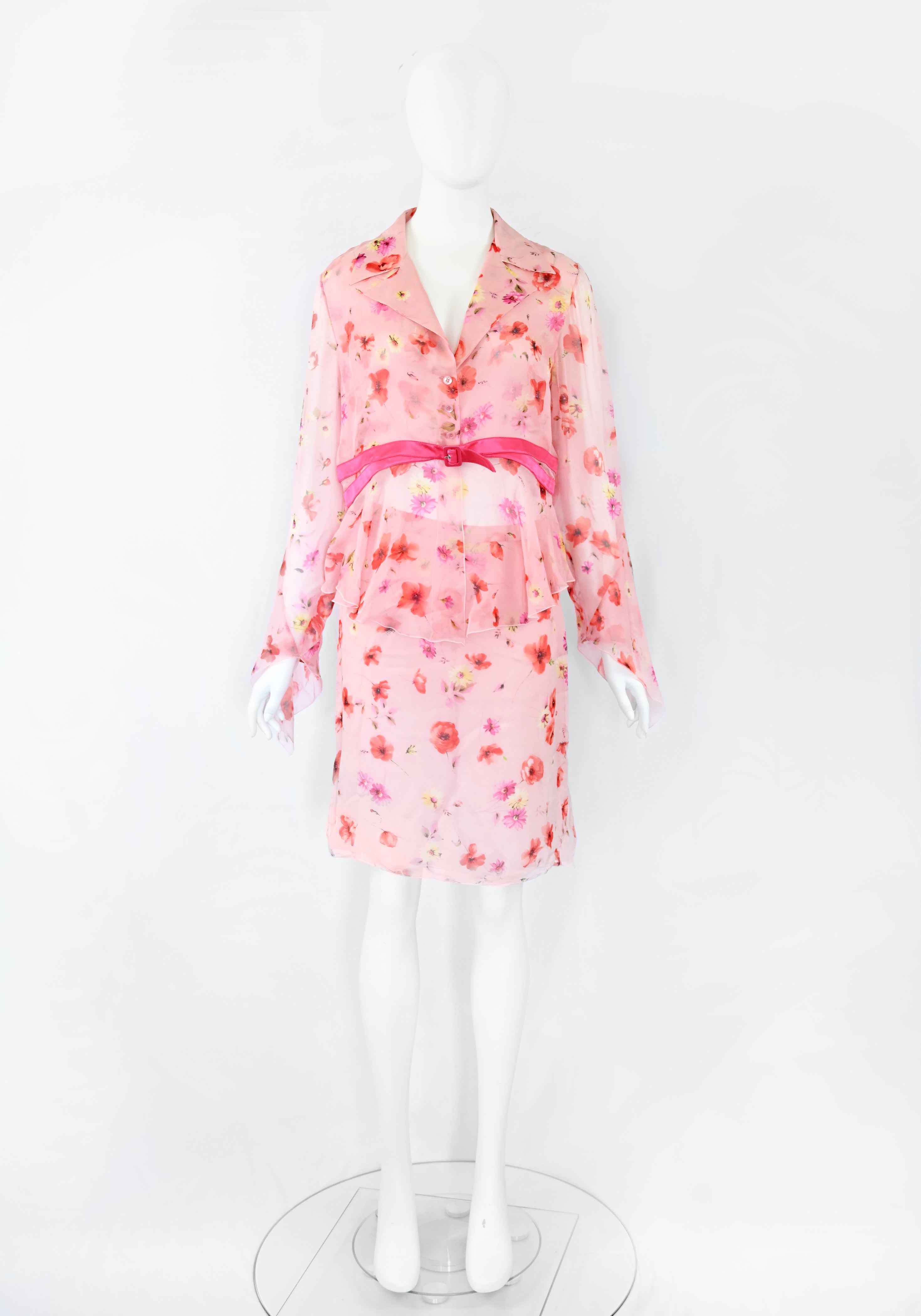 Valentino SS 2004 Floral Chiffon Silk Skirt Set