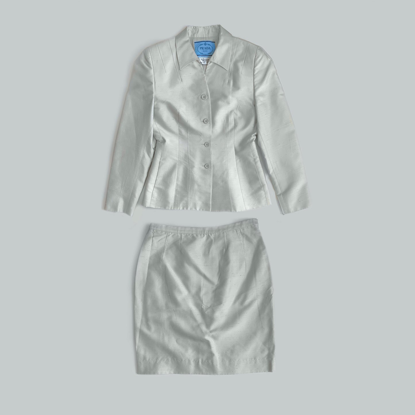 Prada SS 1995 Silver Silk Skirt Suit